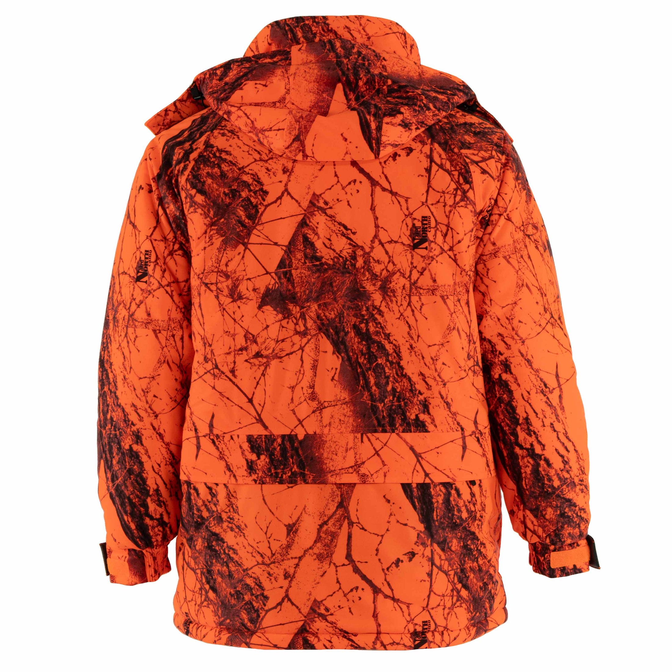 Gamehide whisper insulated parka - back (naked north blaze orange camo)