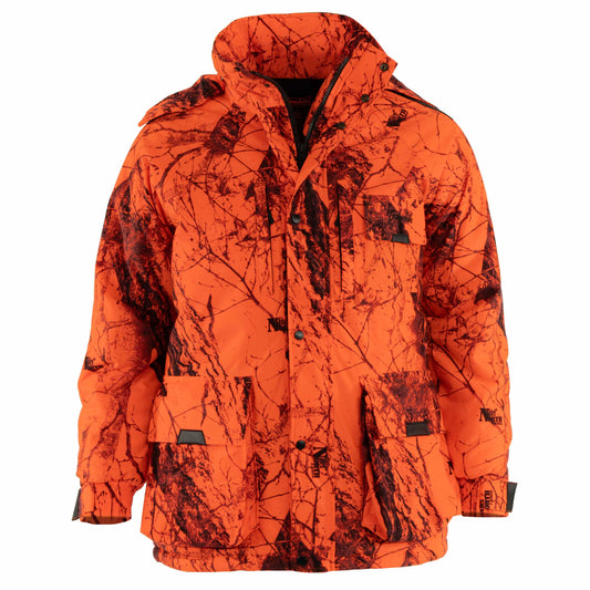 Gamehide whisper insulated parka - front (naked north blaze orange camo)