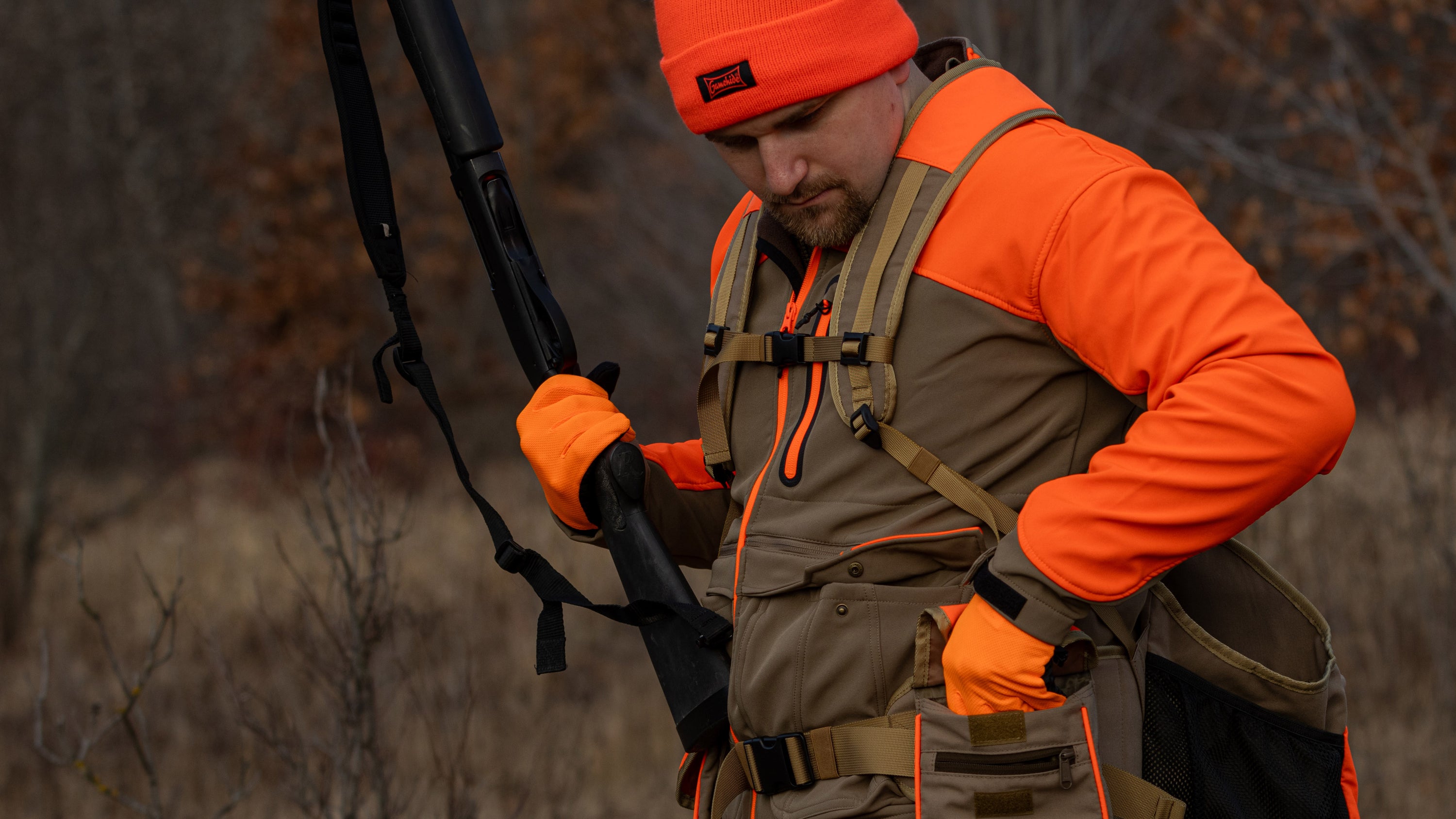 gamehide hunter in close up of shooting strap vest