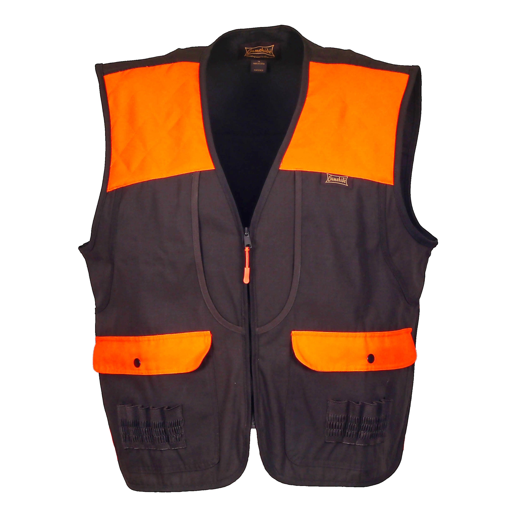 gamehide shelterbelt vest front view (dark brown/blaze orange)