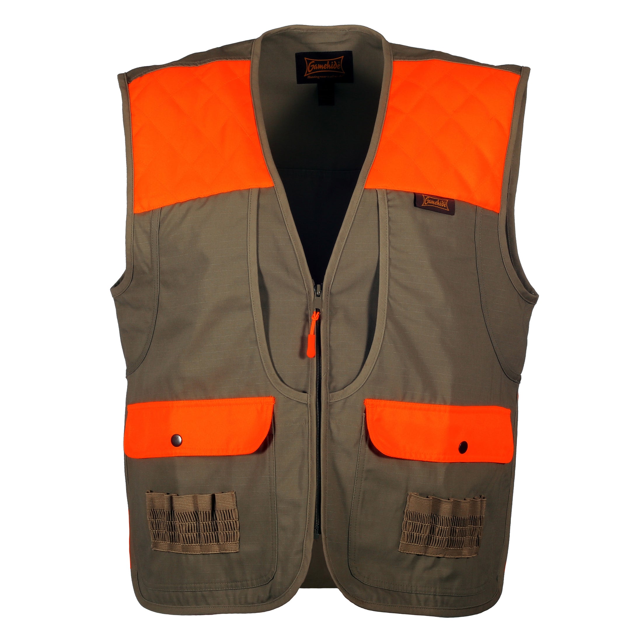 gamehide shelterbelt vest front view (khaki/blaze orange)