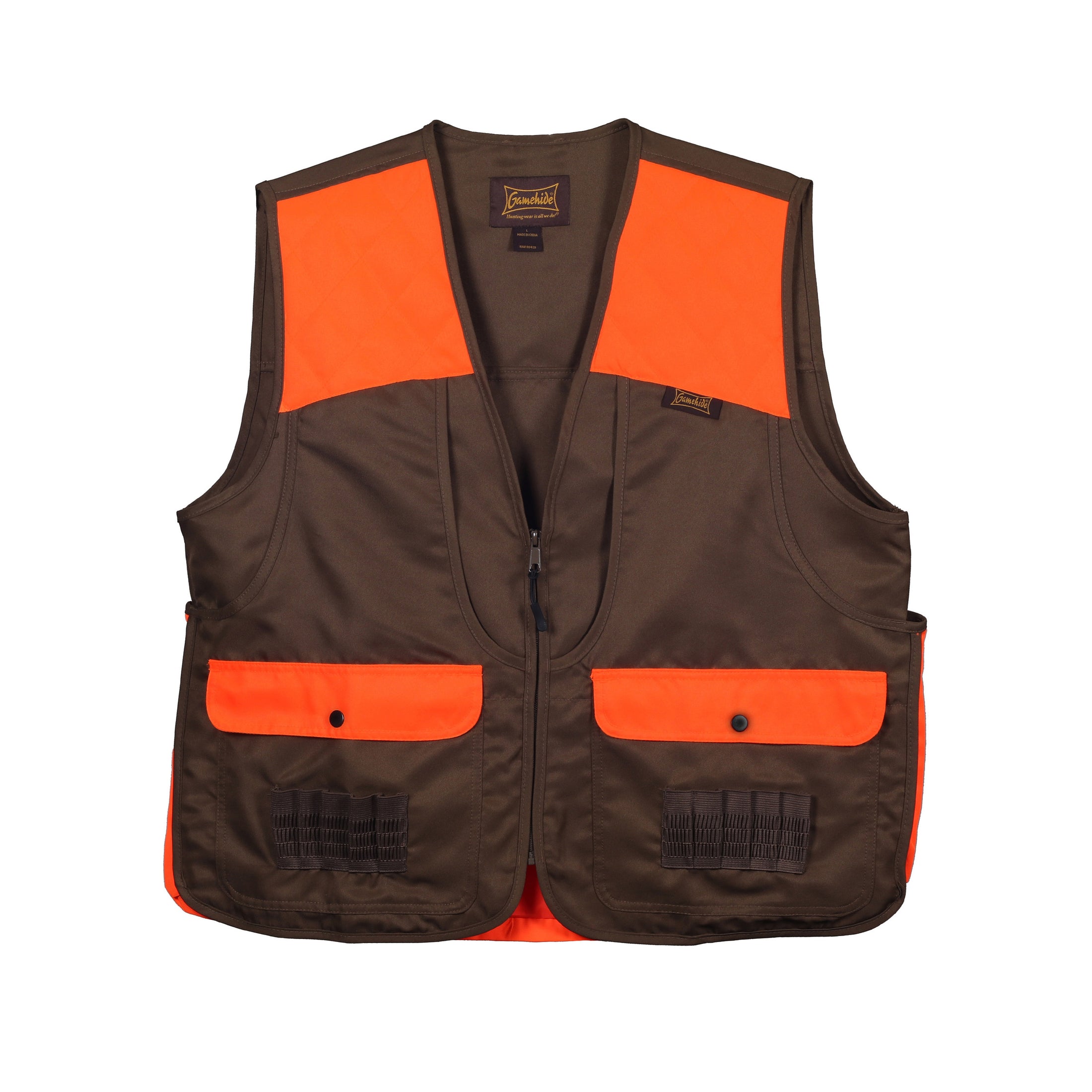 gamehide Lightweight Dove & Upland Vest front (dark brown/blaze orange)