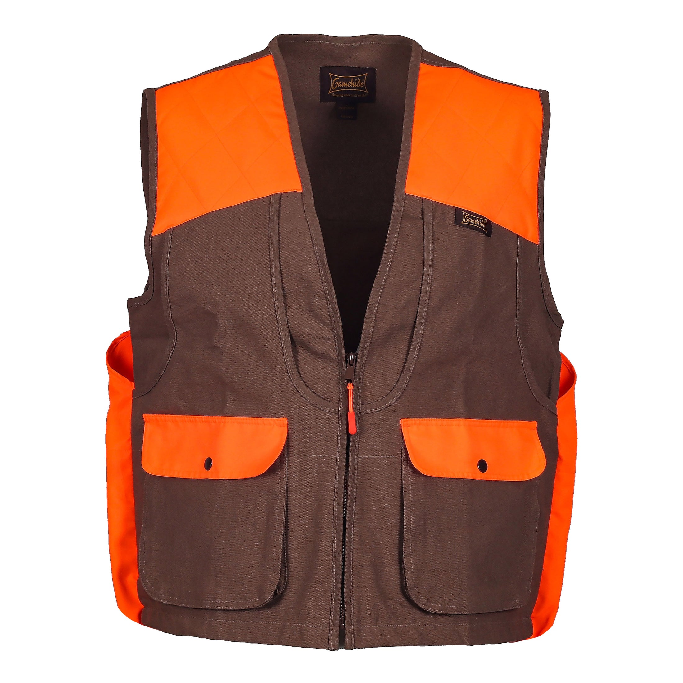 Briar Proof Upland Hunting Vest front (dark brown/blaze orange)