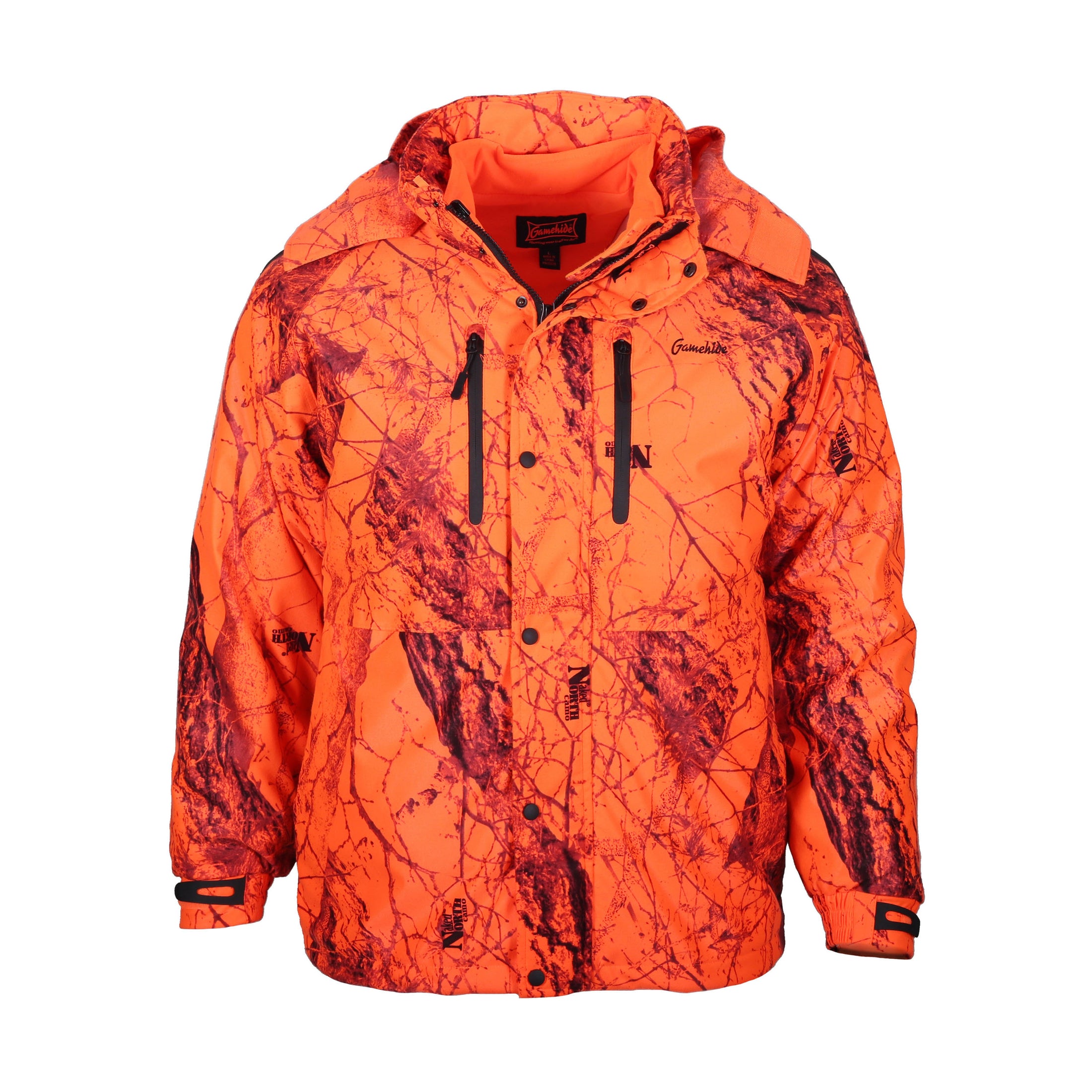 gamehide wild systems parka front view (naked north blaze orange camo)