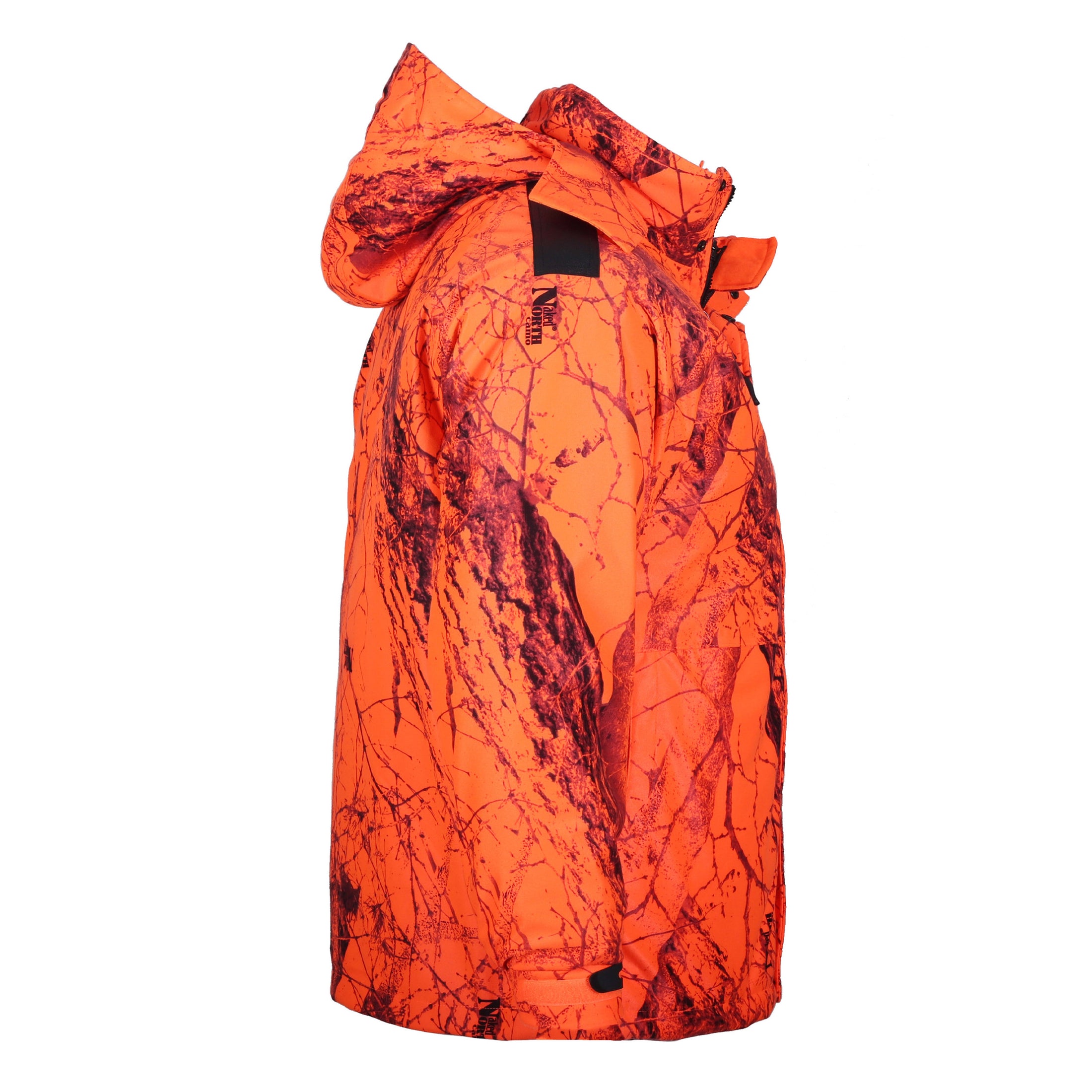 gamehide wild systems parka side view (naked north blaze orange camo)