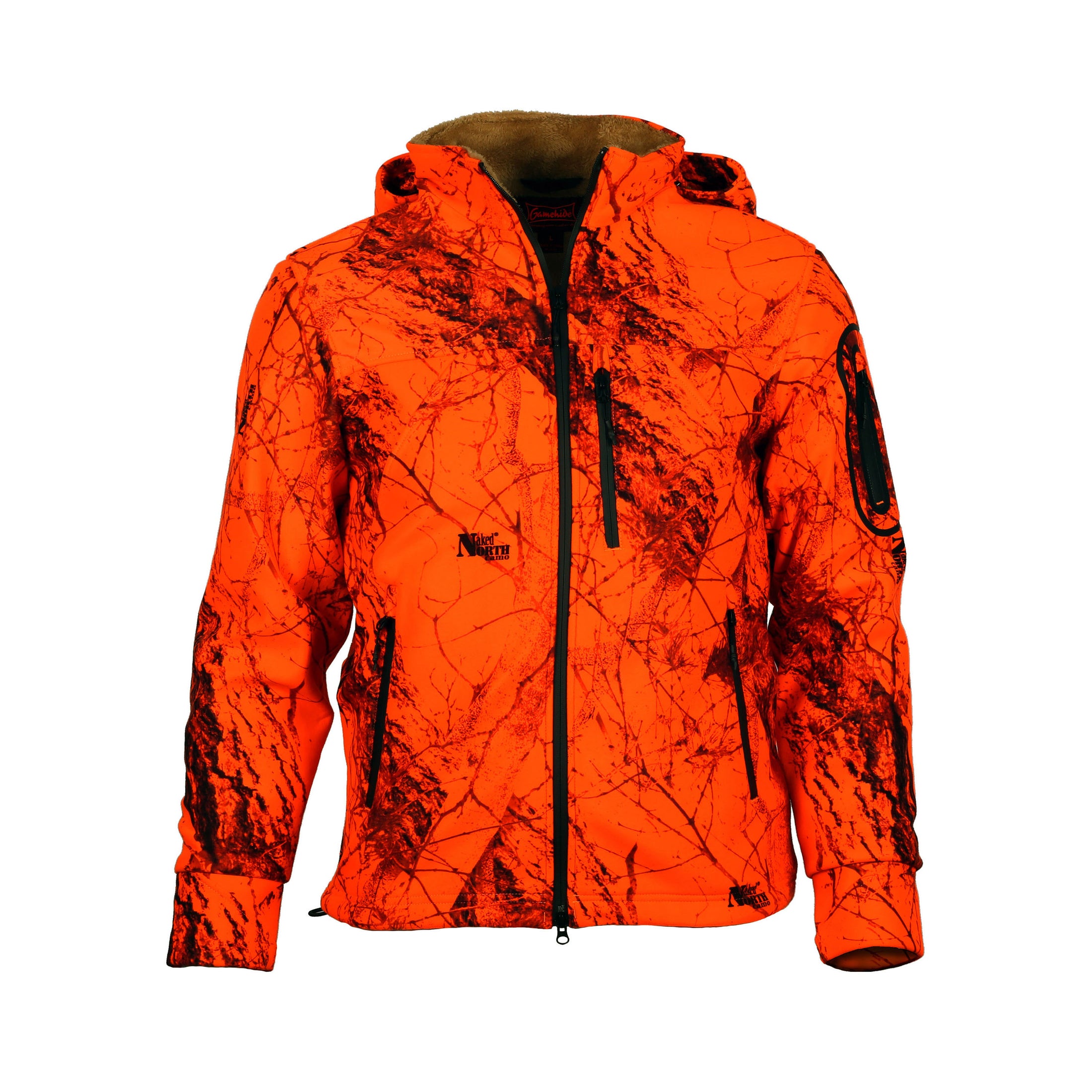 gamehide whitetail jacket front  view (naked north blaze orange camo)