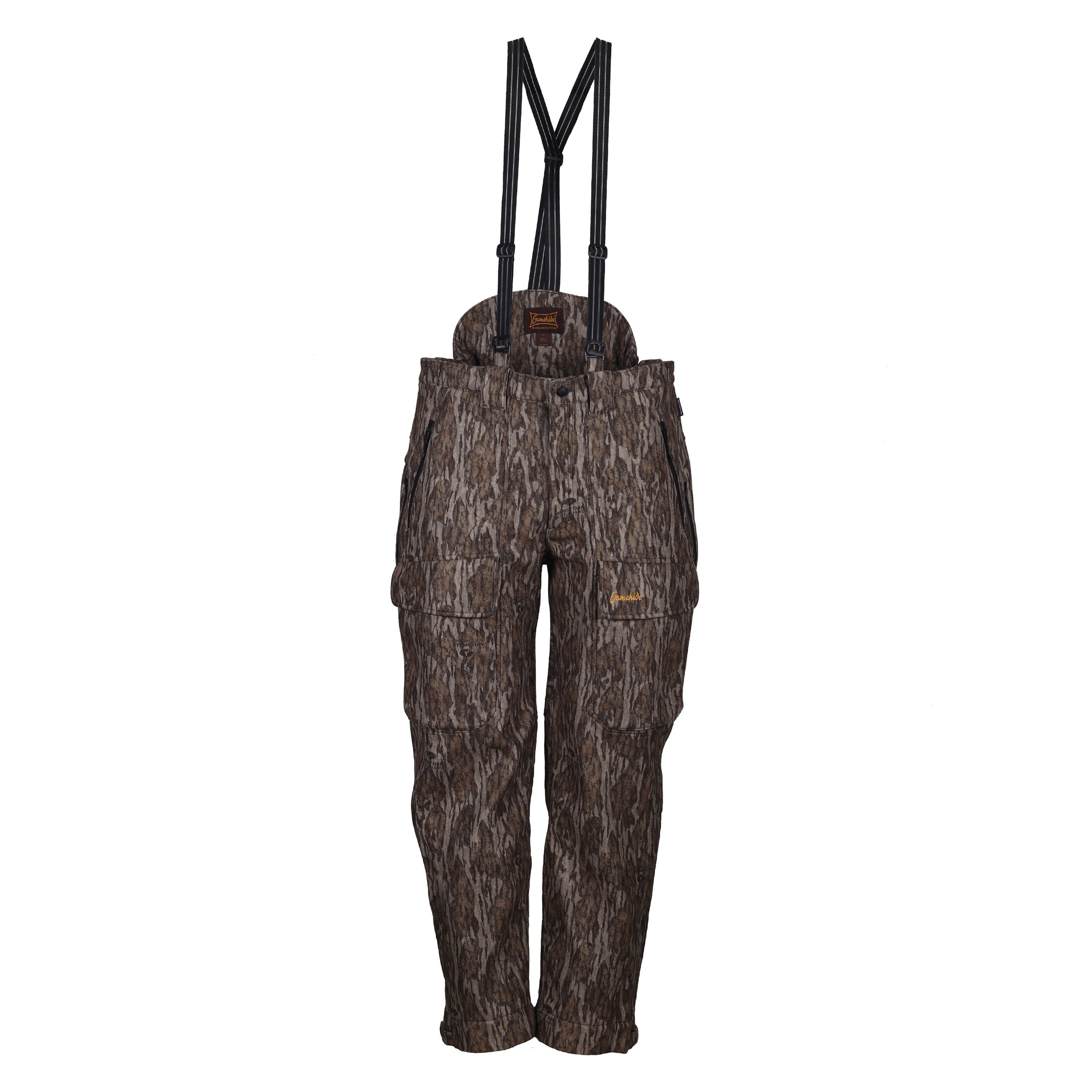 gamehide whitetail pant/bib front  view (mossy oak new bottomland)