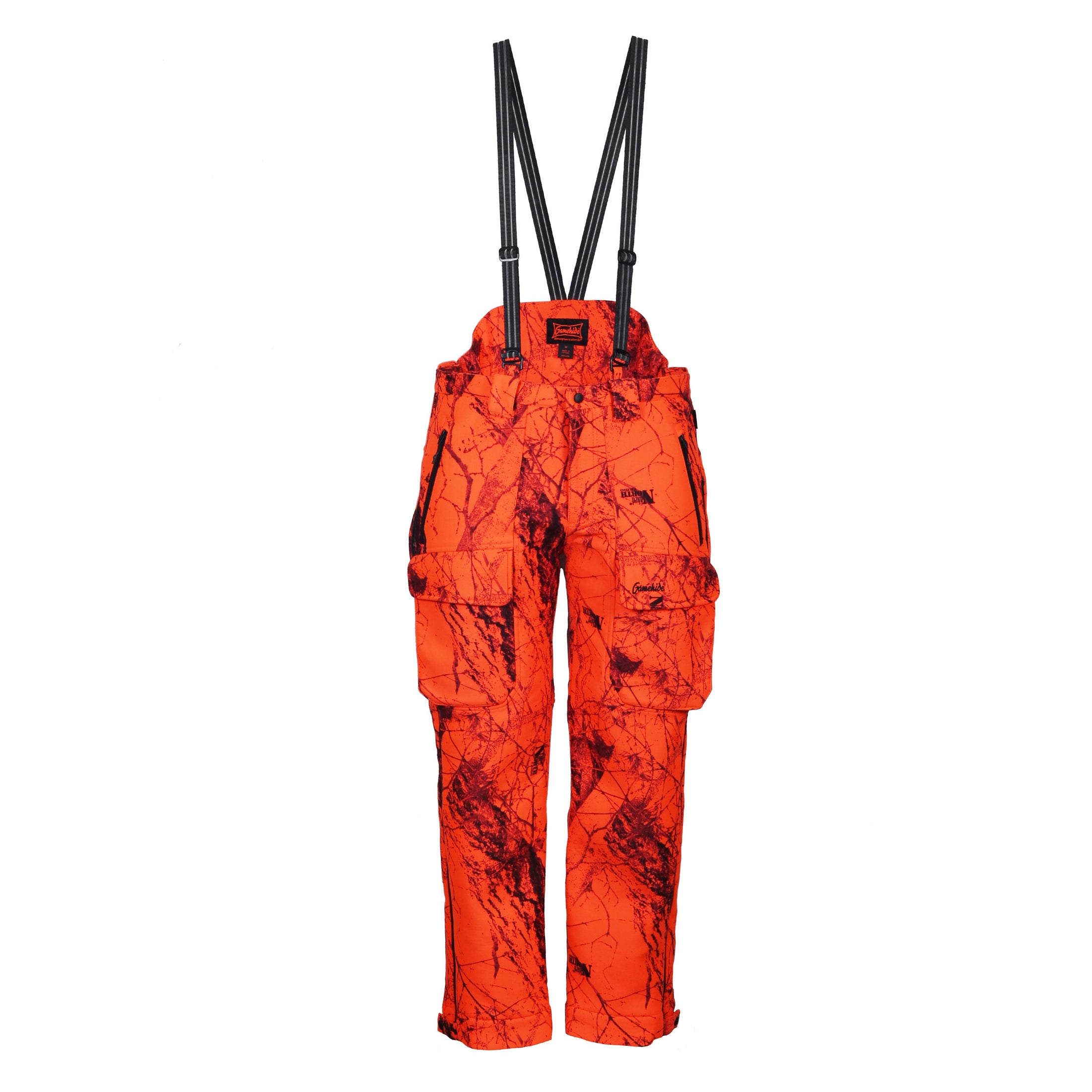 gamehide whitetail pant/bib front  view (naked north blaze orange camo)
