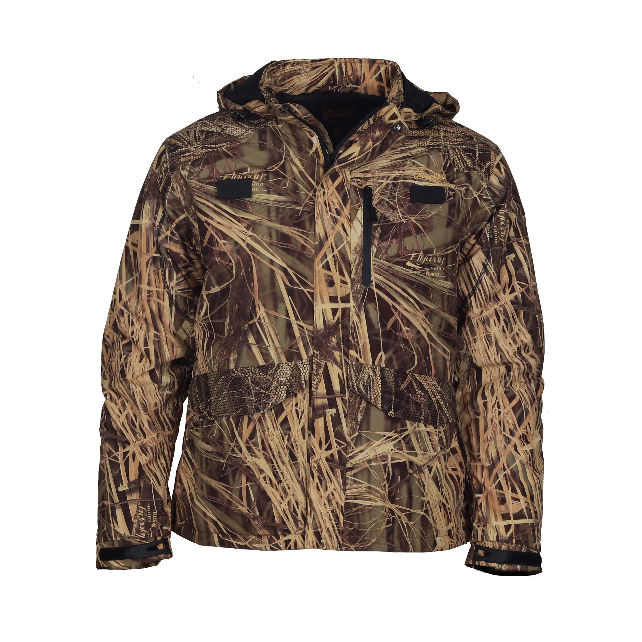 gamehide slough creek jacket front view (flyway north camo)