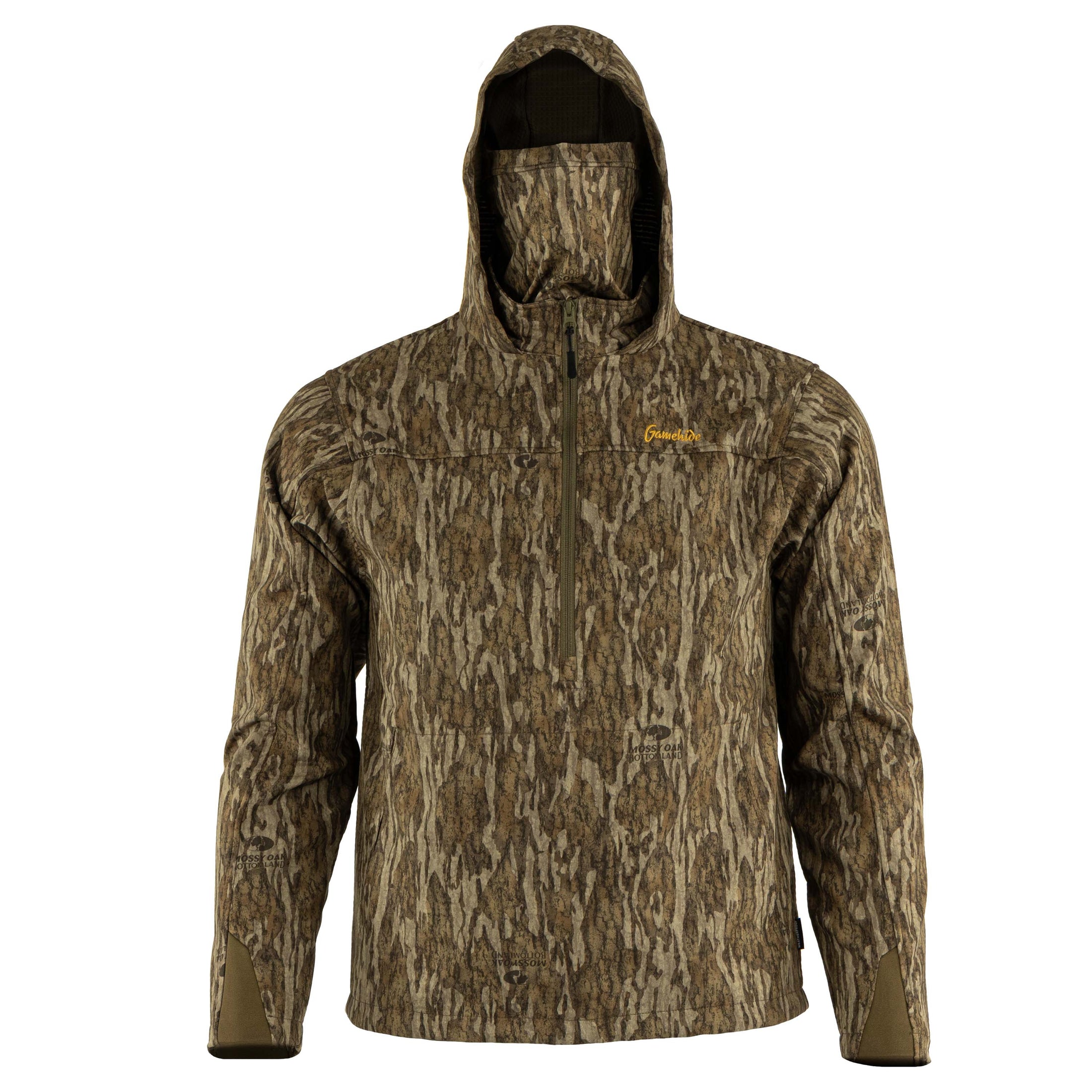 Solitude ridge pullover - hood up- front view (mossy oak new bottomland)