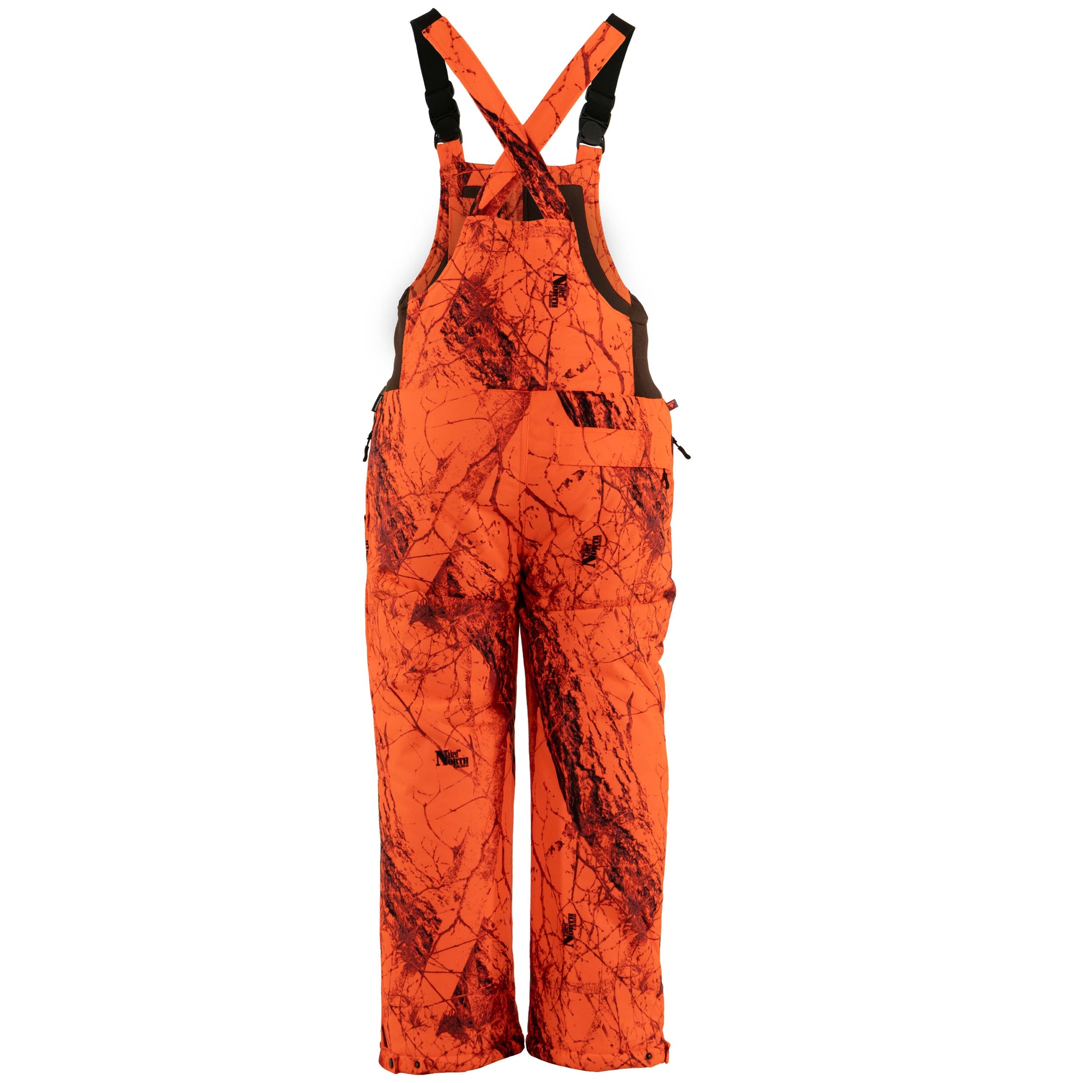 Gamehide embers edge bib - back view - (naked north blaze orange camo)