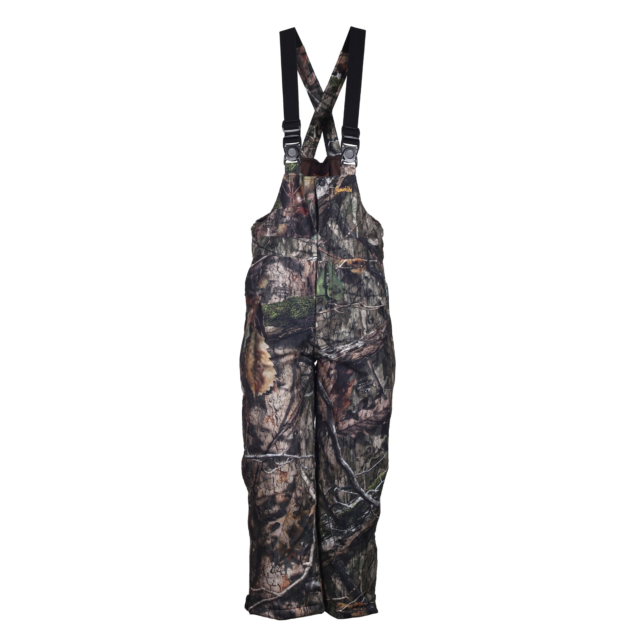 Gamehide Youth Tundra Bibs front view (mossy oak dna).
