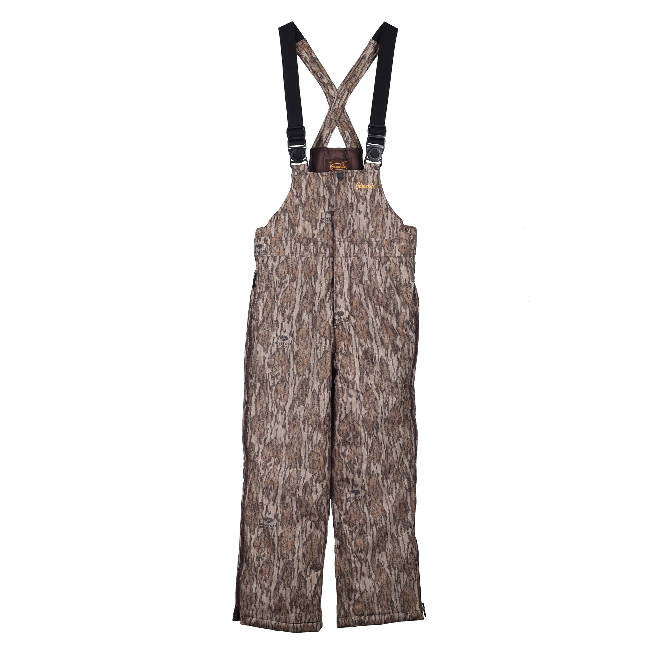 Gamehide Youth Tundra Bibs front view (mossy oak new bottomland).