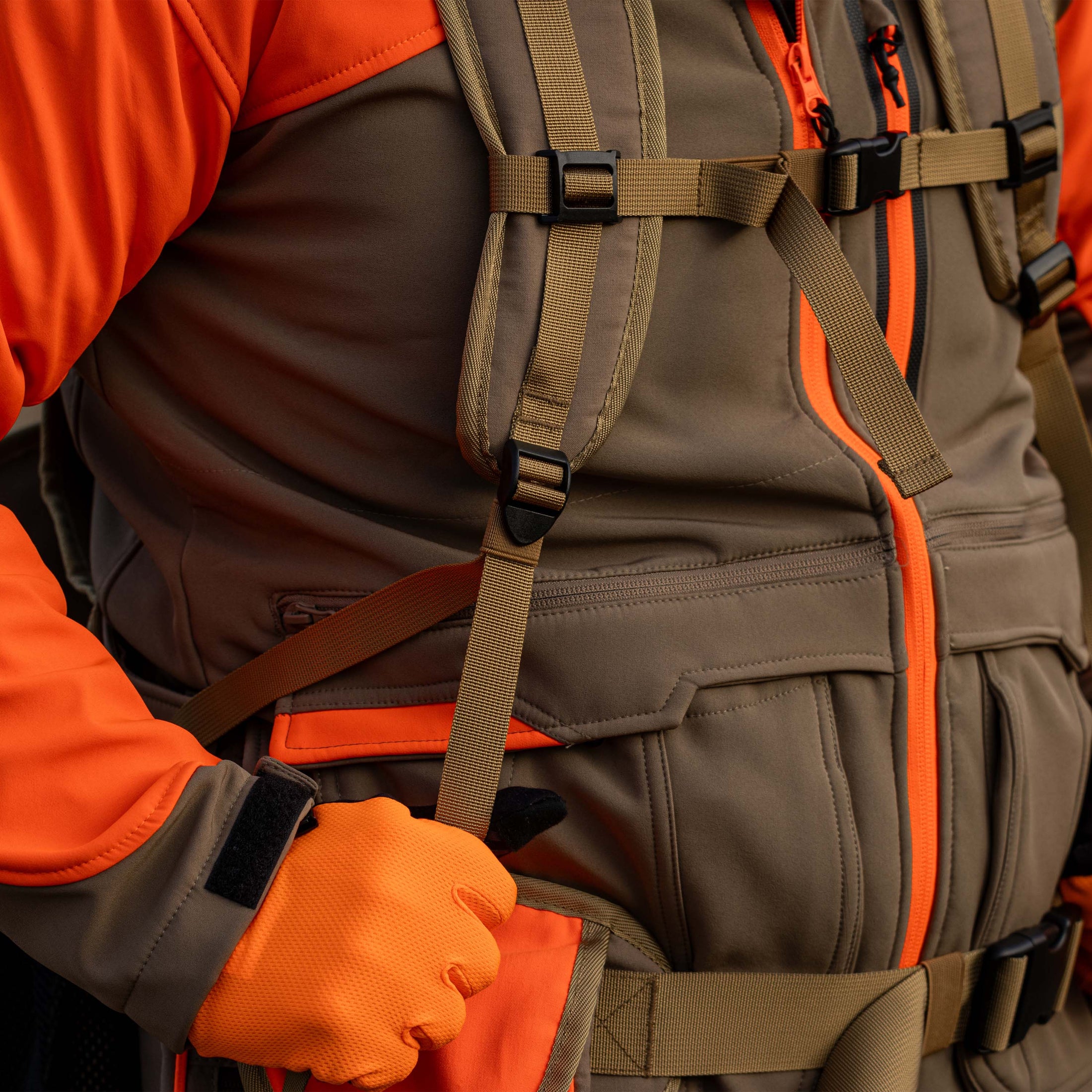 upland strap vest close up of shoulder strap adjustment