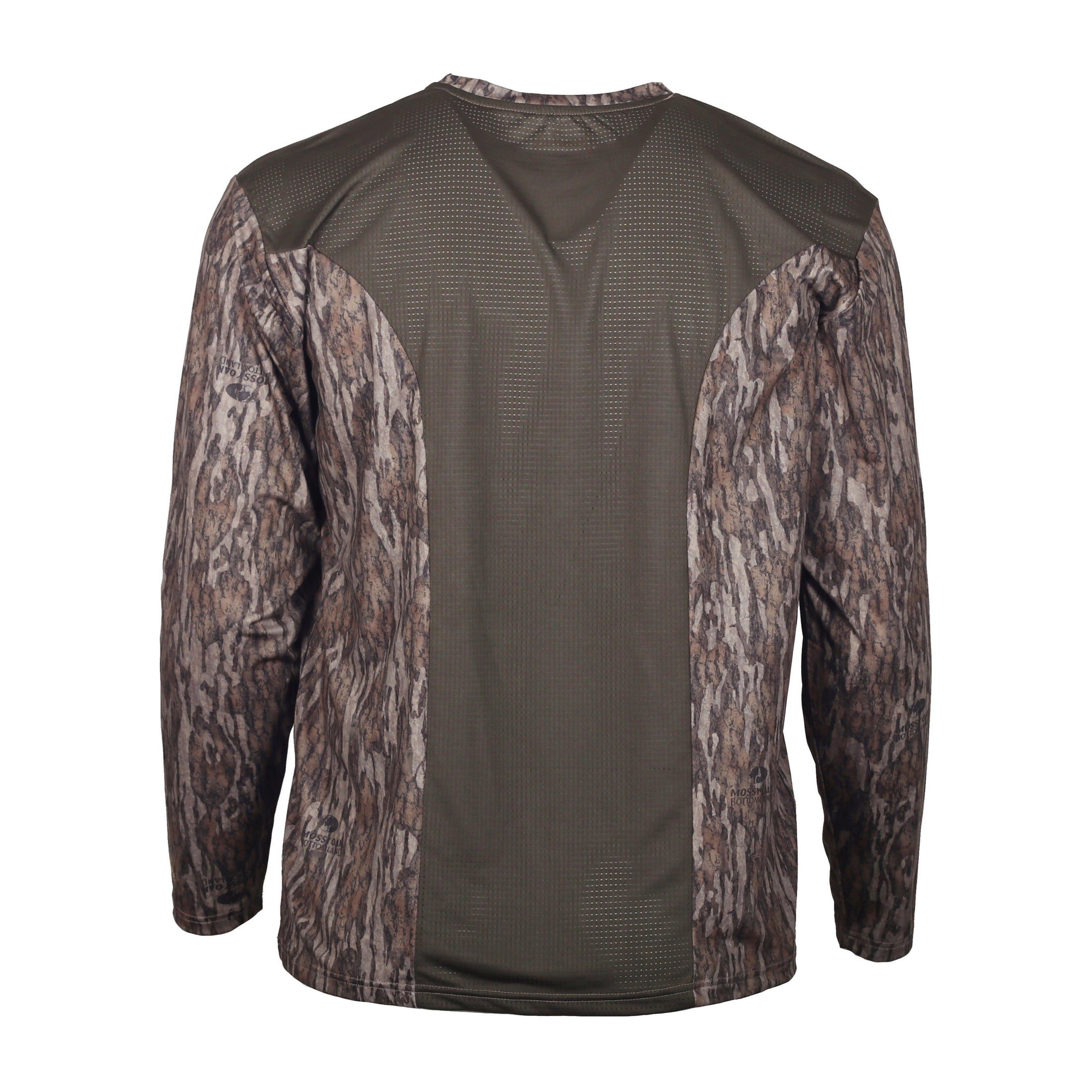 gamehide rapid wick long sleeve tee back view (mossy oak new bottomland)