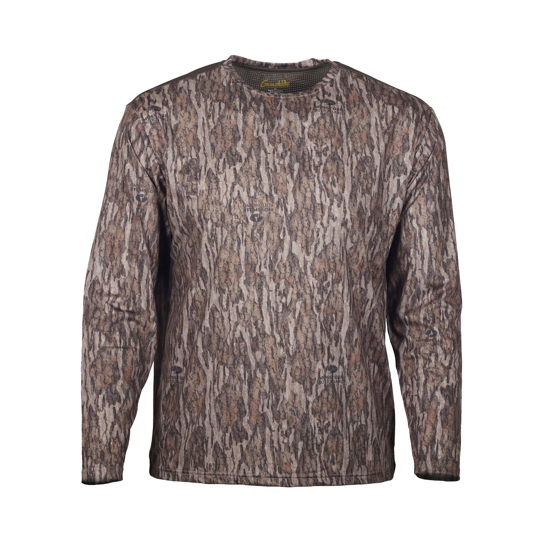 gamehide rapid wick long sleeve tee front view (mossy oak new bottomland)