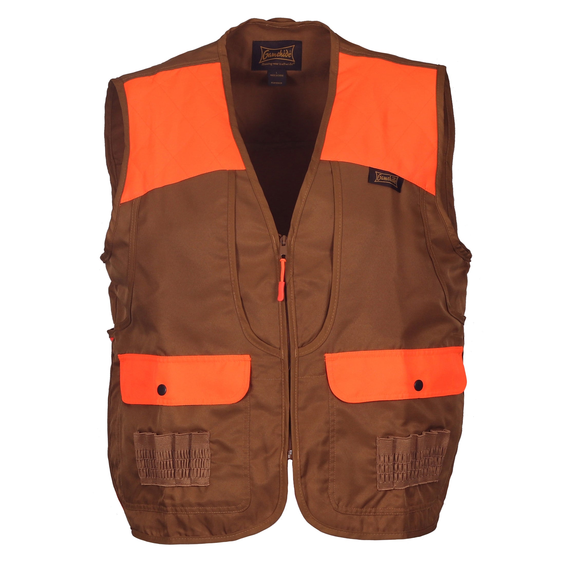 gamehide youth front loader vest front view (marsh brown/orange)