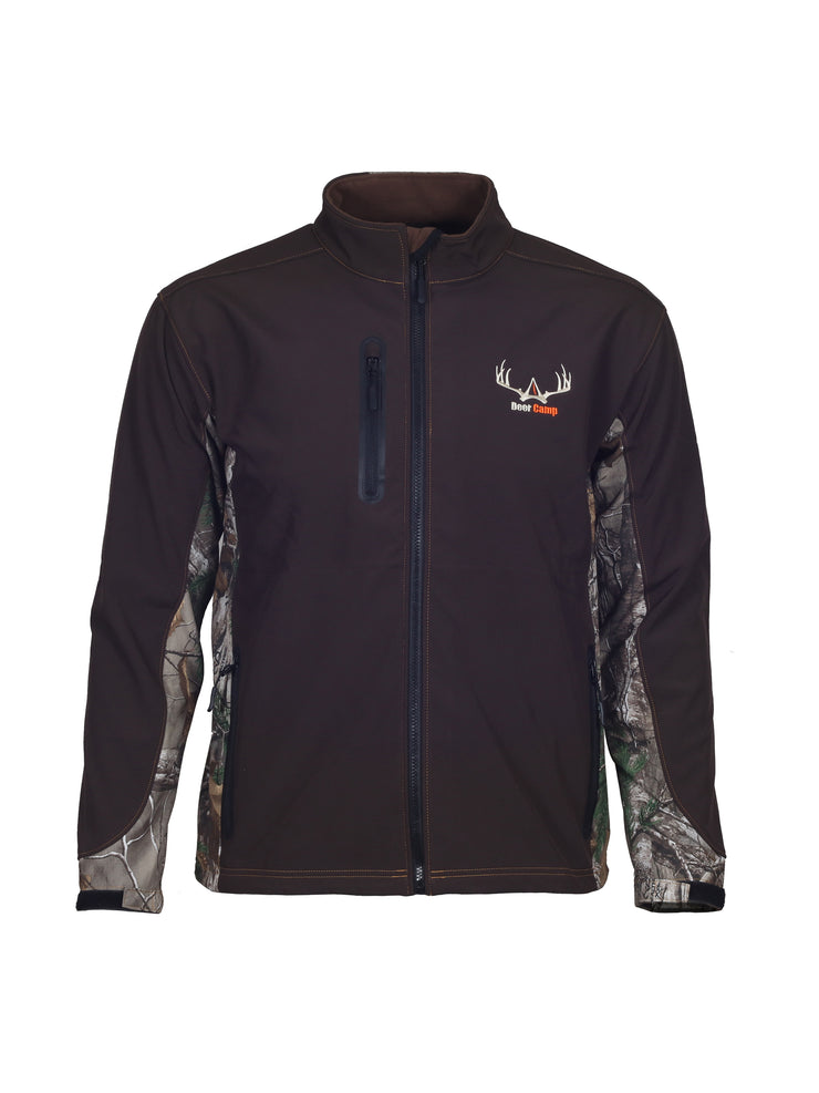 weather resistant, brown/realtree camo soft-shell jacket